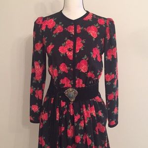 Vintage Yves Saint Laurent 70-80’s Rose/Black Print Midi Dress Collectible EXC